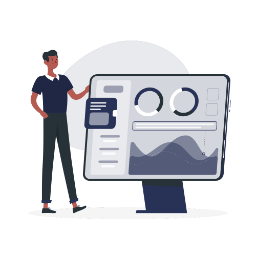 Cartoon image of man and computer screen